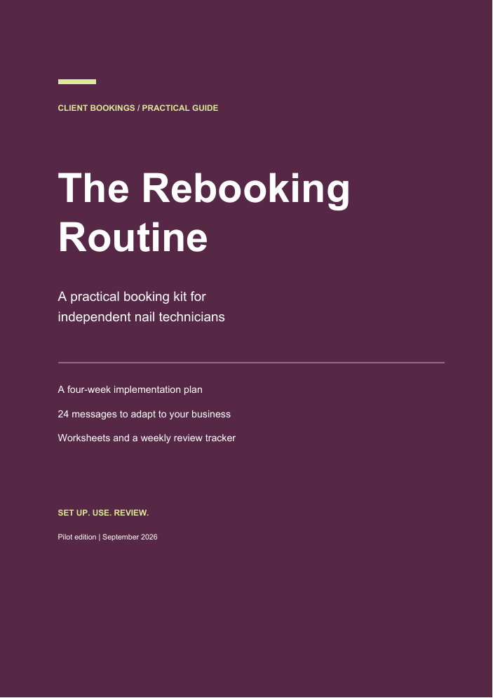 The Rebooking Routine guide cover: a four-week implementation plan, 24 messages, worksheets and a weekly review tracker.
